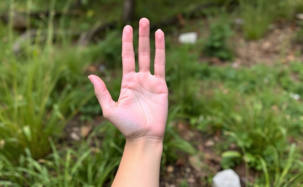A serene hand gesture in a natural setting symbolizing grounding.