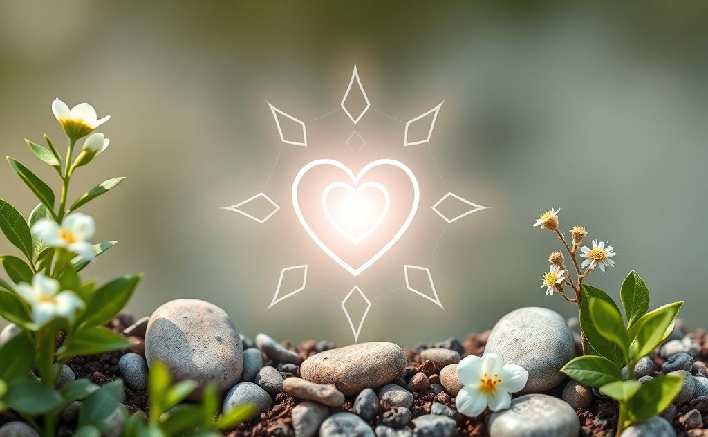 A serene heart chakra symbol surrounded by calming natural elements.
