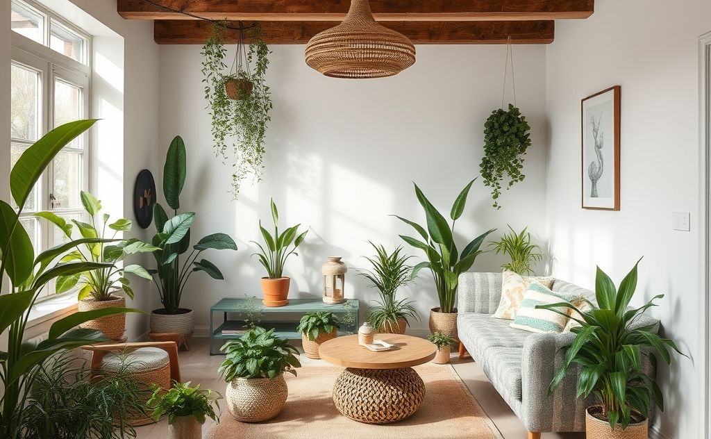 A serene home environment filled with plants and natural materials.