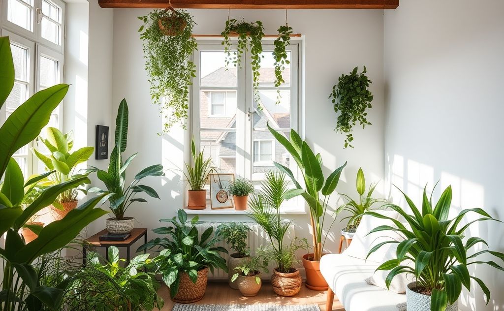 A serene home environment filled with vibrant plants and natural light.