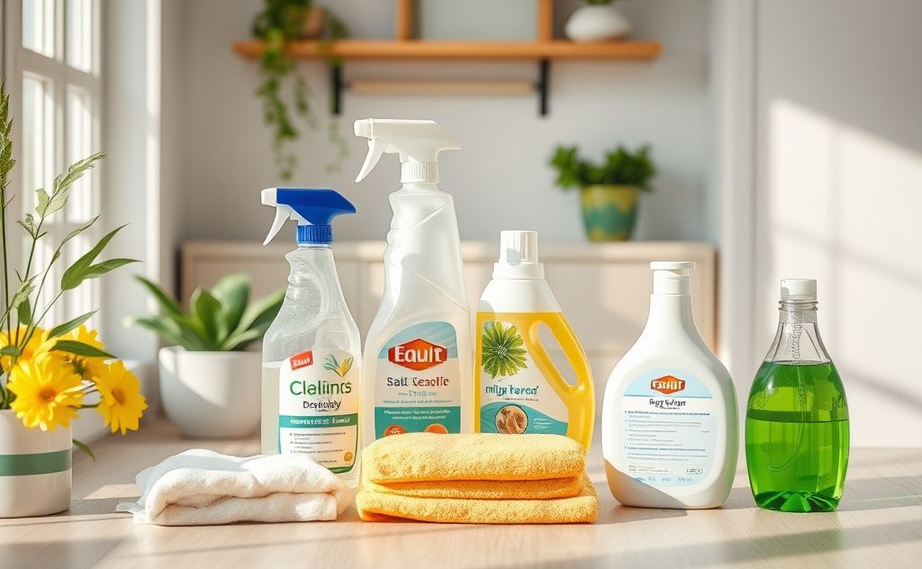 A serene home environment with cleaning supplies beside a daily routine item.