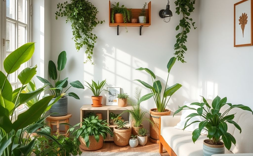 A serene home environment with lush plants and eco-friendly products.