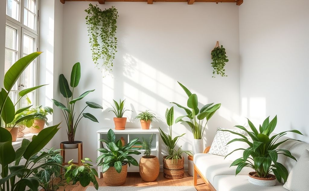 A serene home environment with plants and clean air elements.
