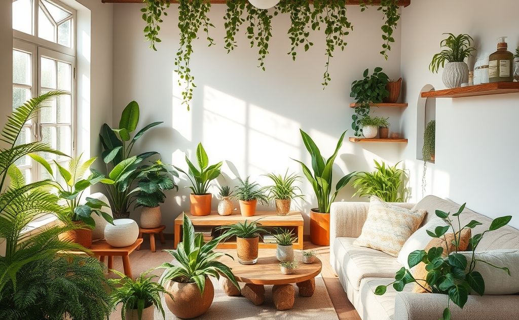 A serene home environment with plants and eco-friendly products.