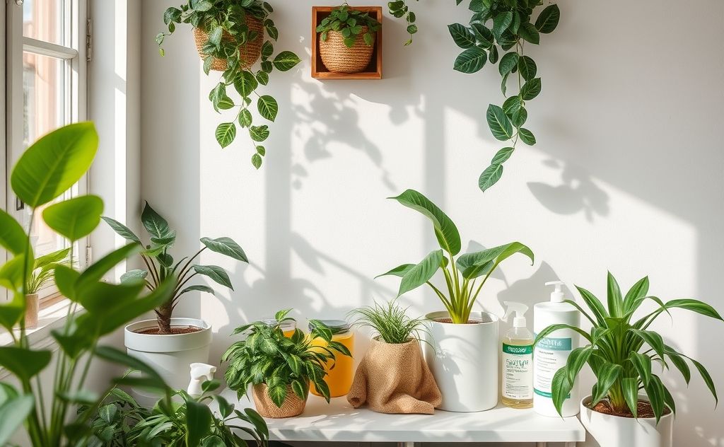 A serene home environment with plants and natural cleaning products.