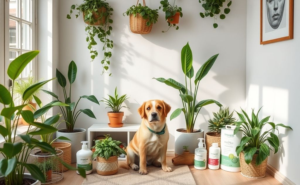 A serene home environment with plants and pet-friendly products.
