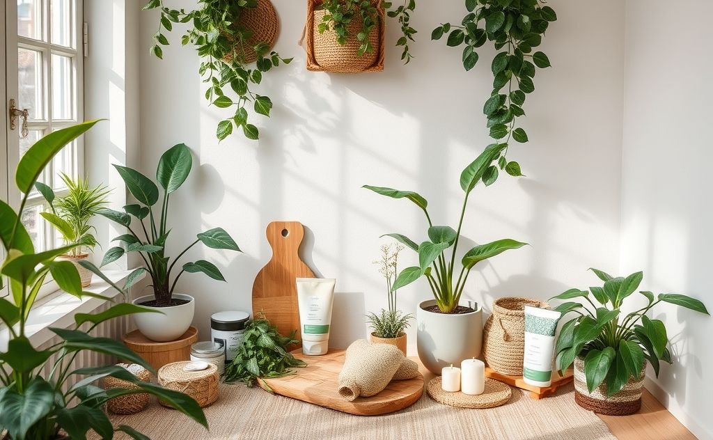 A serene home environment with plants, natural materials, and wellness items.