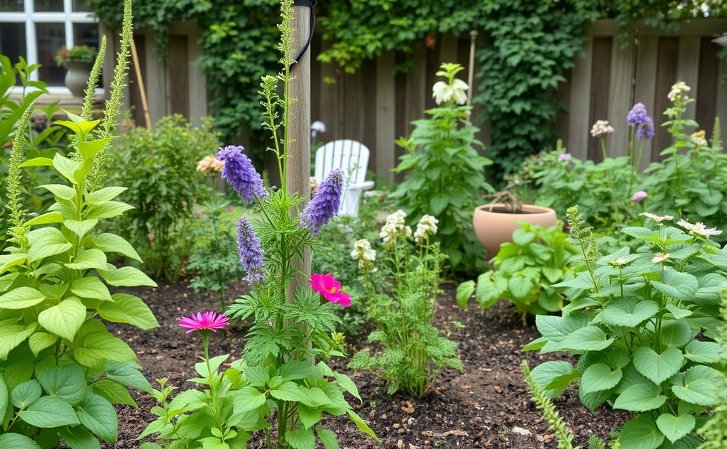 A serene home garden with healthy plants and natural pest deterrents.