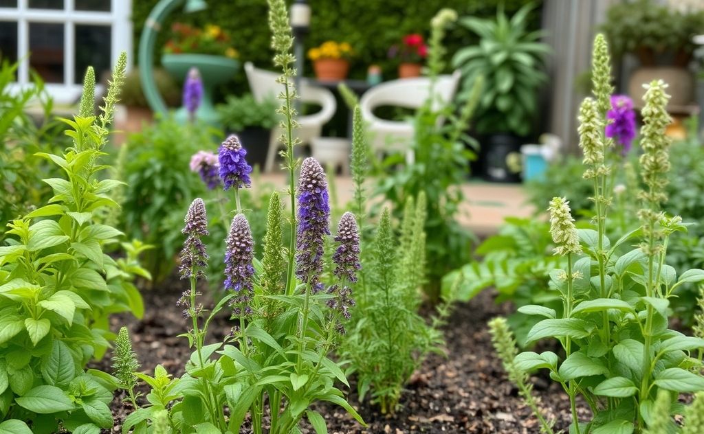 A serene home garden with natural pest deterrents like herbs.