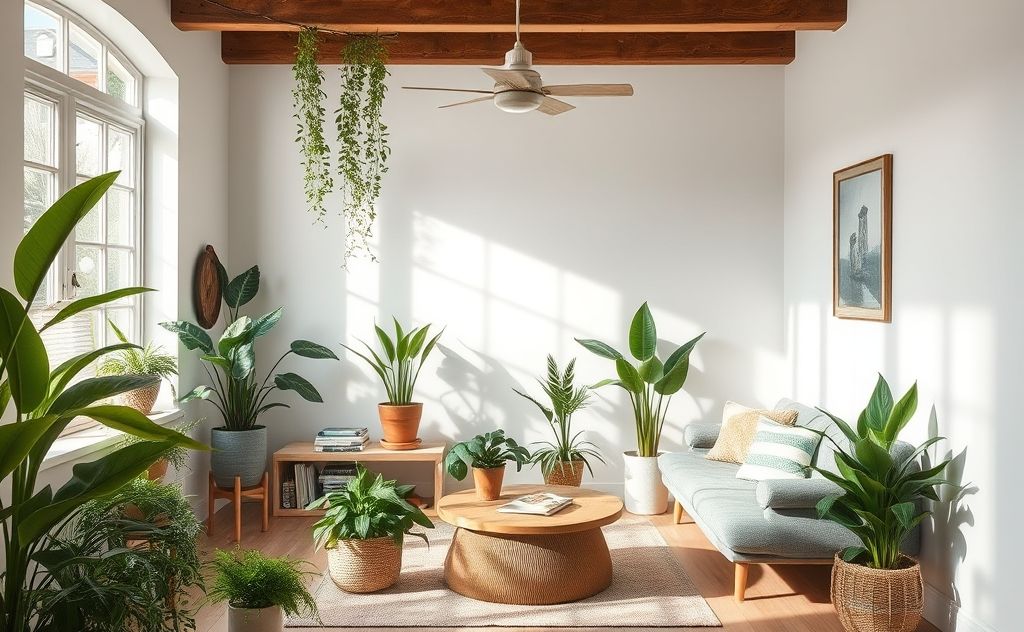 A serene home interior with plants and air-purifying elements.