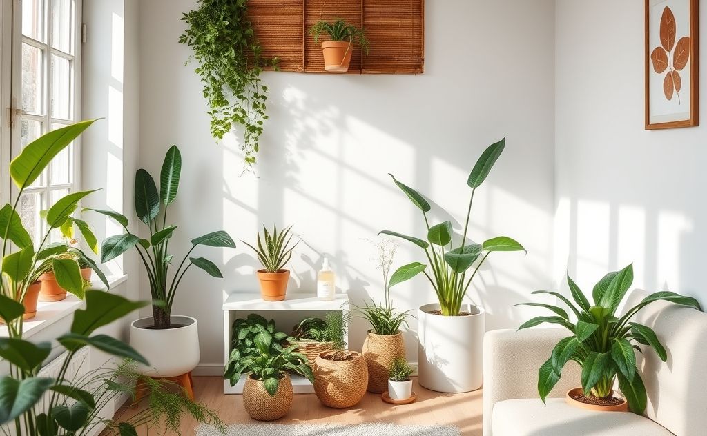 A serene home interior with plants and natural cleaning products.