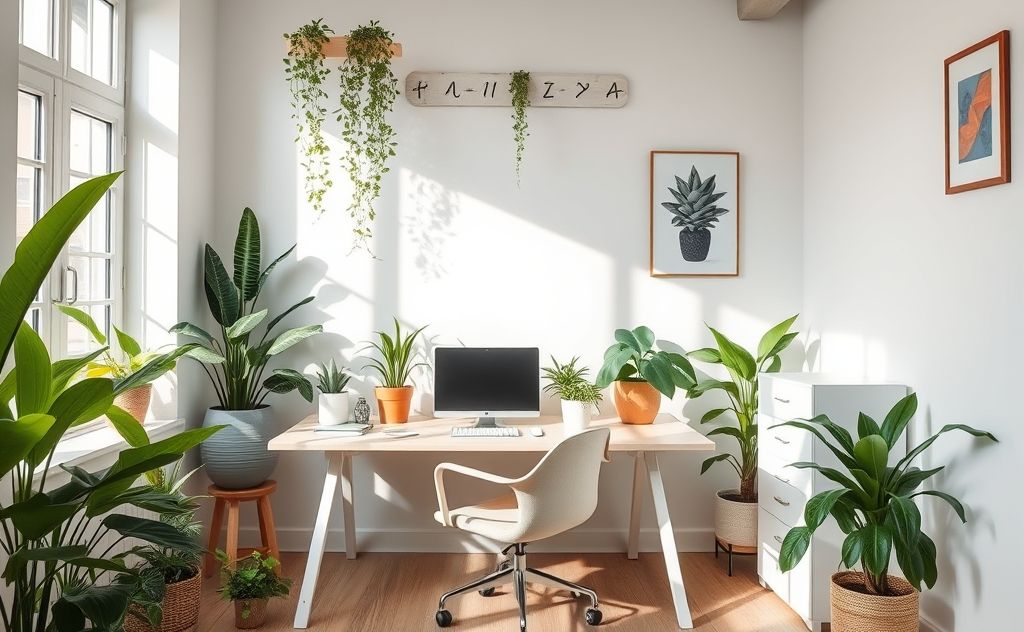 A serene home office with indoor plants and an air purifier.