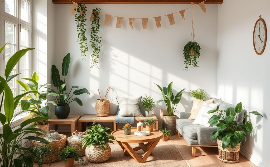 A serene home setting with plants, natural materials, and eco-friendly products.