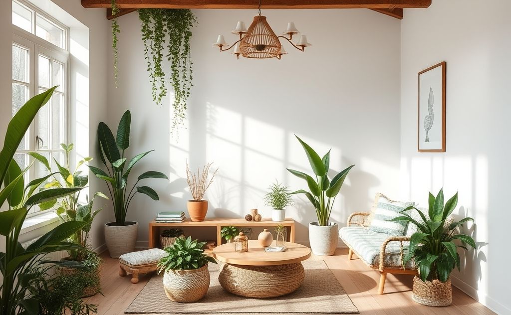 A serene home with plants and natural materials promoting wellness.