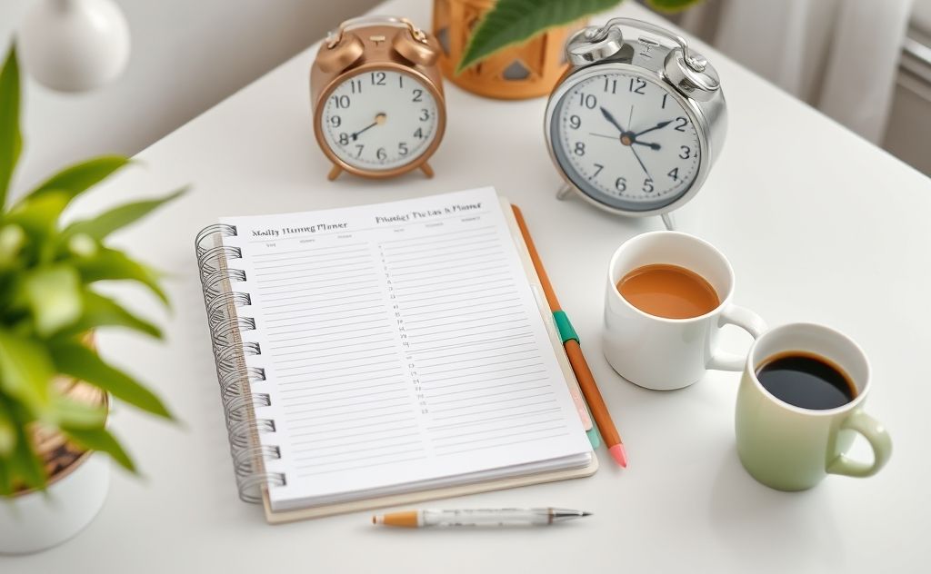 A serene home workspace with a planner, clock, and coffee cup.