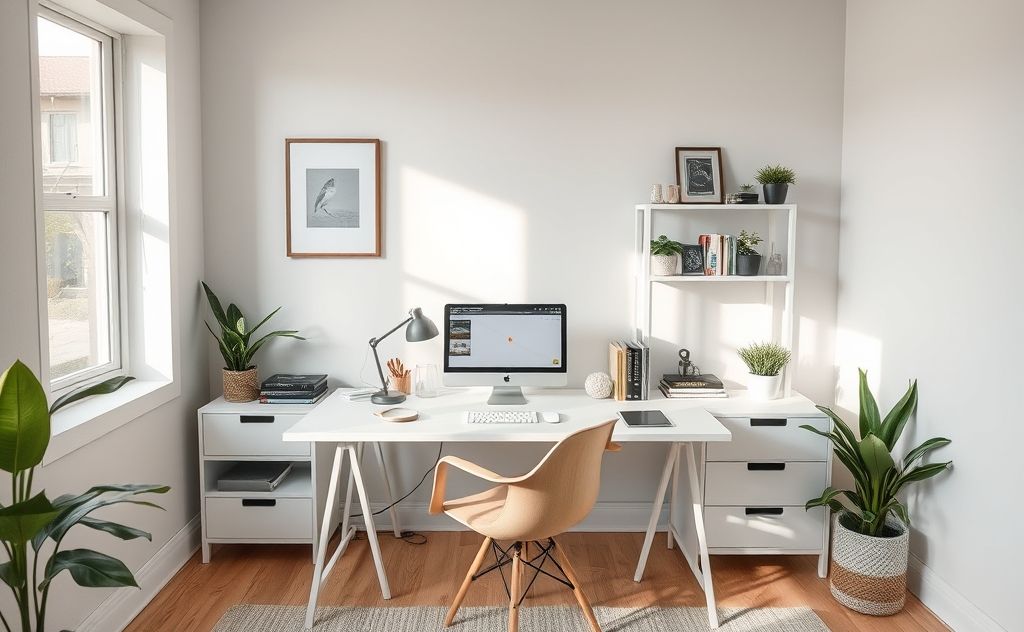 A serene home workspace with minimal distractions and calming decor.