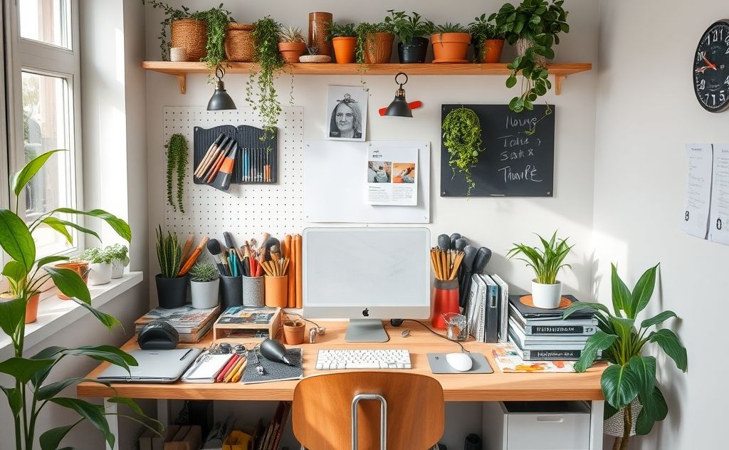 A serene home workspace with organized tools and plants.
