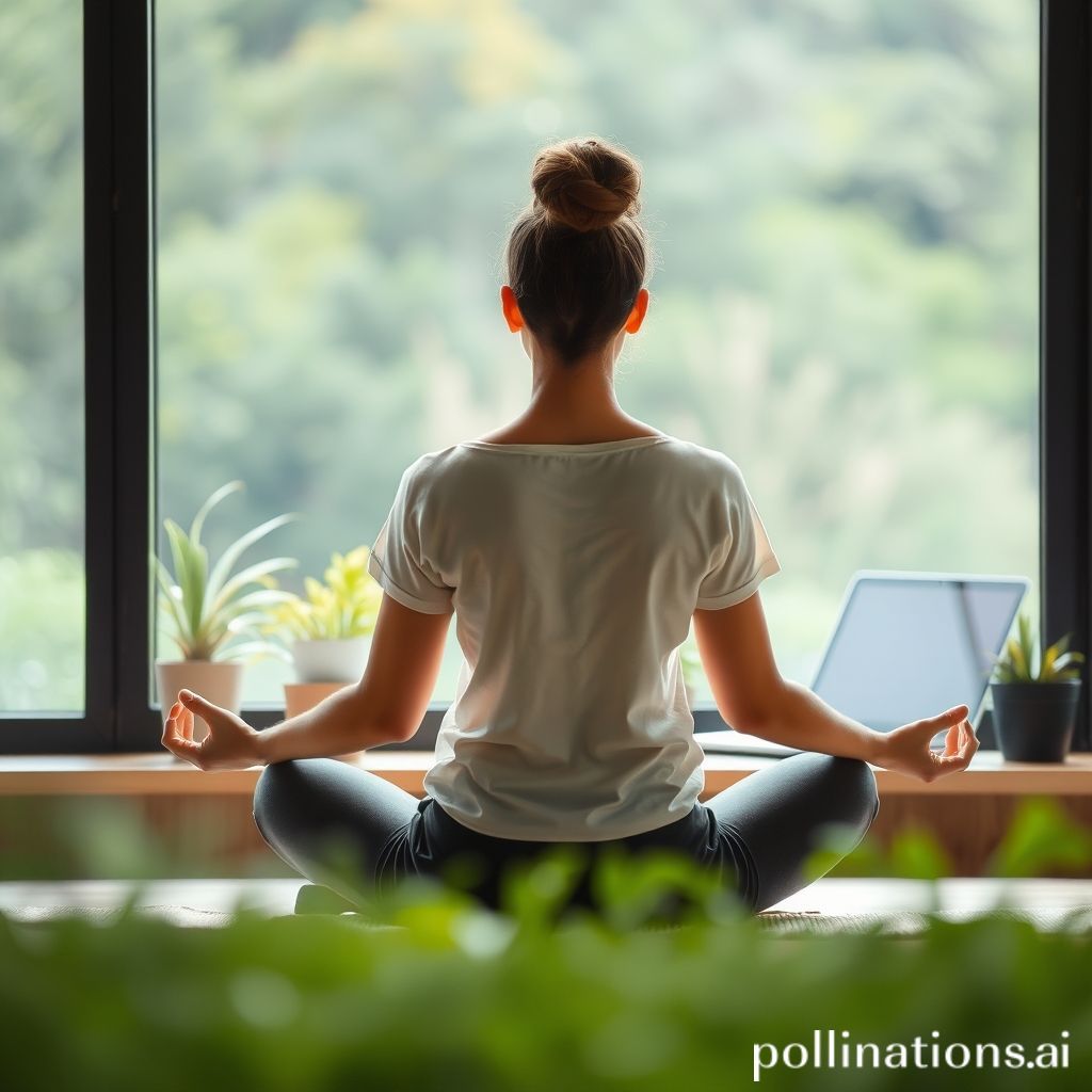 A serene image depicting a person meditating or practicing mindfulness in a calm, natural setting (e.g., a park or by a window with plants), with a subtle, blurred hint of digital devices (like a laptop or phone) in the soft background, symbolizing a balance between digital life and mental well-being. The colors should be soothing and convey peace.