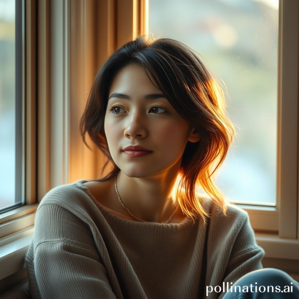 A serene image of a person sitting calmly by a window, looking reflective and at peace, with soft, warm lighting. The setting could be a cozy room or a natural environment. The person's face is gentle, conveying a sense of tranquility and mental well-being.