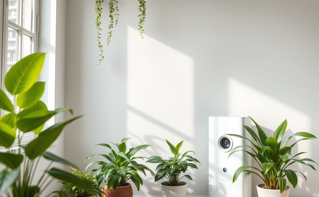 A serene indoor scene with a clean air purifier and fresh plants.