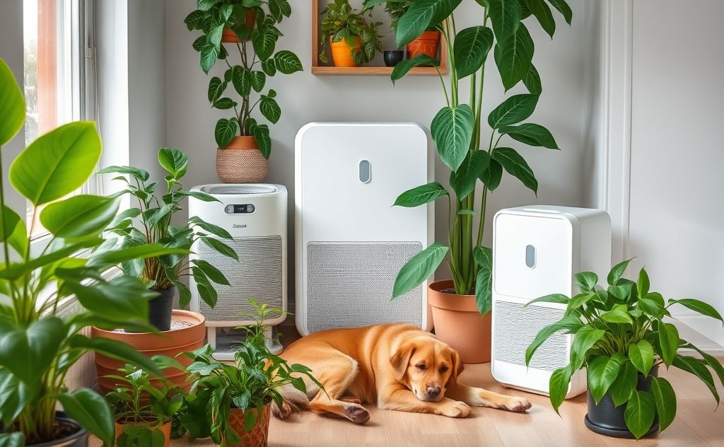 A serene indoor scene with a pet resting among houseplants and air purifiers.