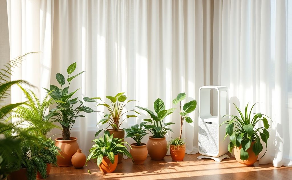 A serene indoor scene with houseplants and an air purifier.
