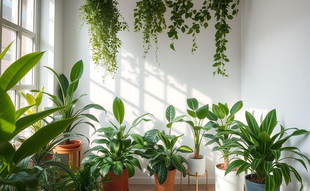 A serene indoor scene with houseplants purifying the air.