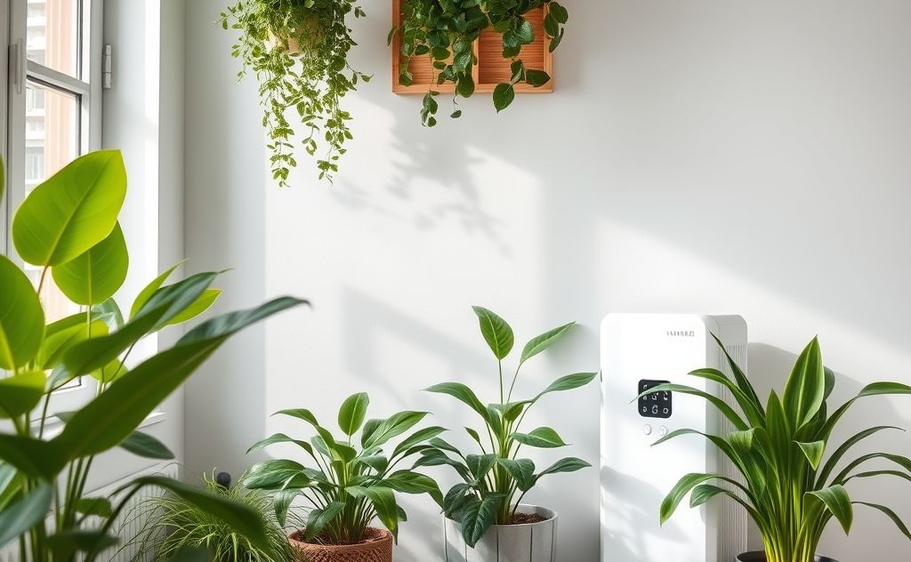 A serene indoor scene with plants and an air purifier.