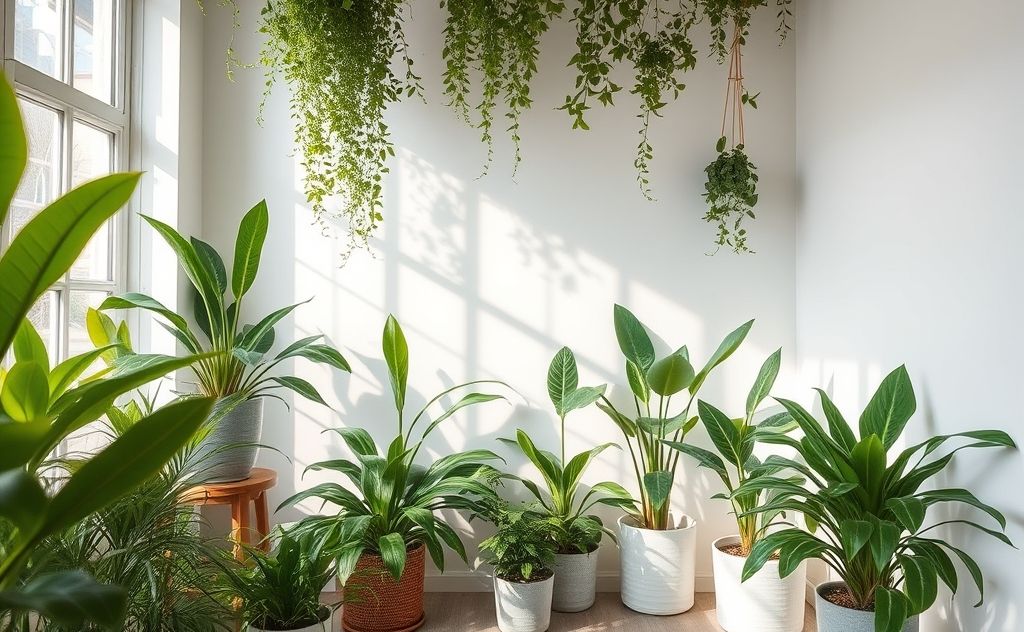 A serene indoor scene with plants and natural air purifiers.