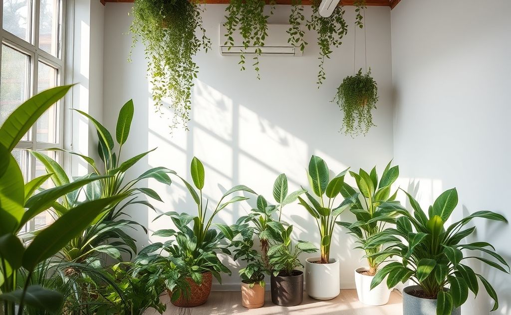 A serene indoor scene with plants purifying the air.