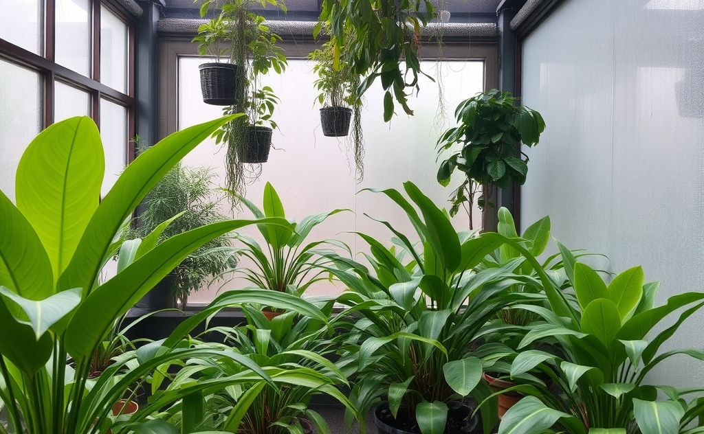 A serene indoor scene with plants thriving in a humid environment.