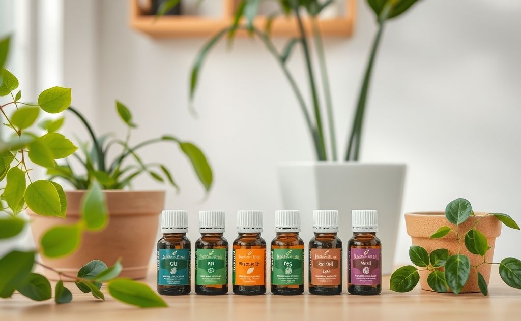 A serene indoor setting with essential oil bottles and plants.