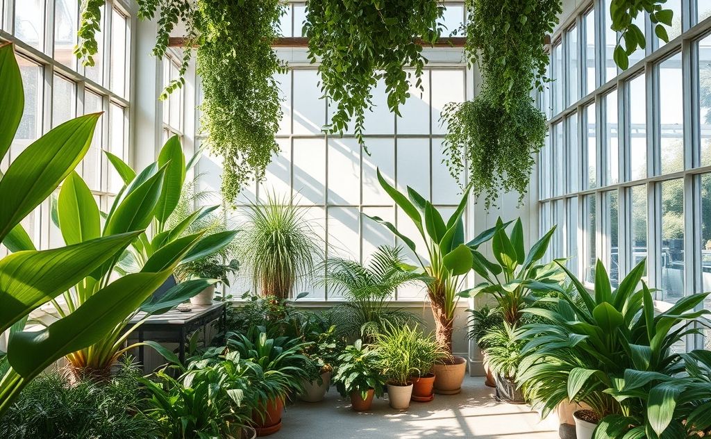 A serene indoor space filled with lush plants and natural light.