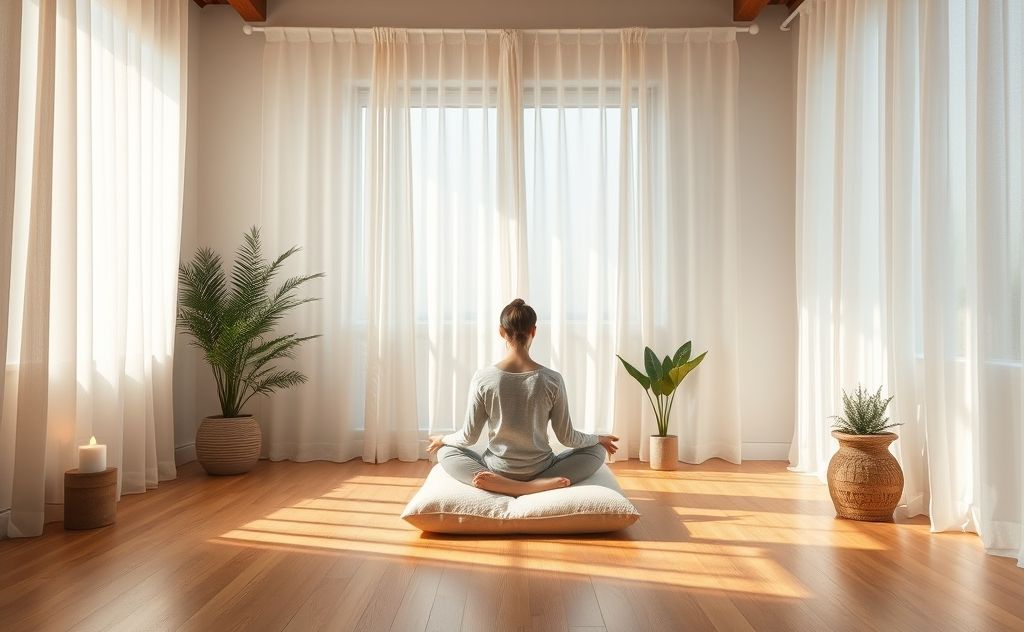 A serene indoor space with a person sitting cross-legged in meditation.