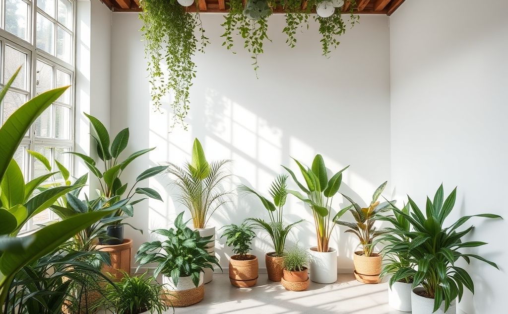 A serene indoor space with plants and clean air elements.