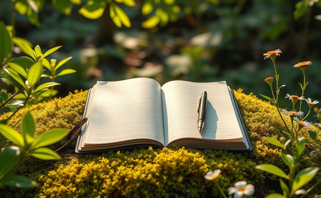 A serene journal with a pen surrounded by nature.