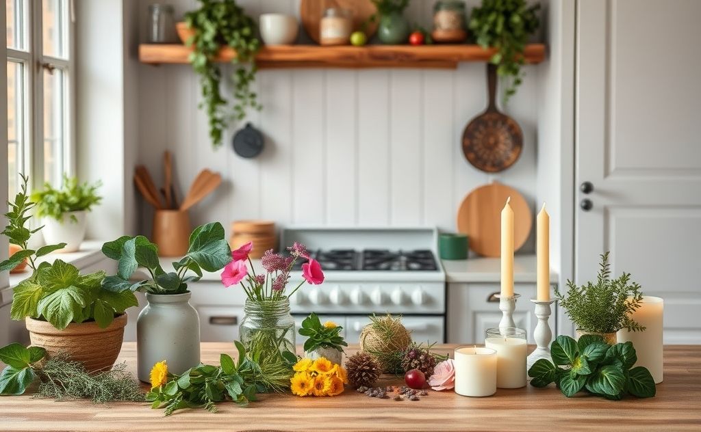 A serene kitchen with herbs, flowers, and natural candles.