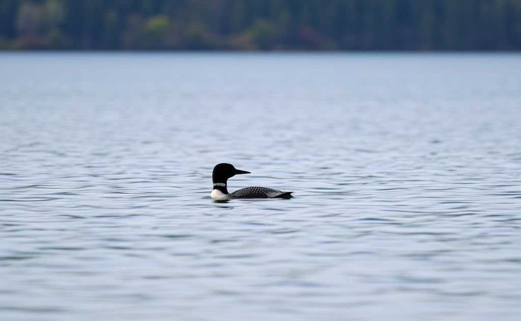 A serene lake scene featuring a loon swimming gracefully.