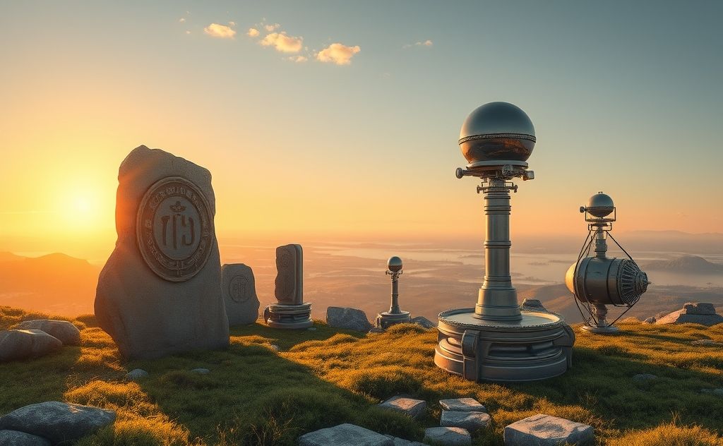 A serene landscape blending ancient symbols with modern scientific elements.