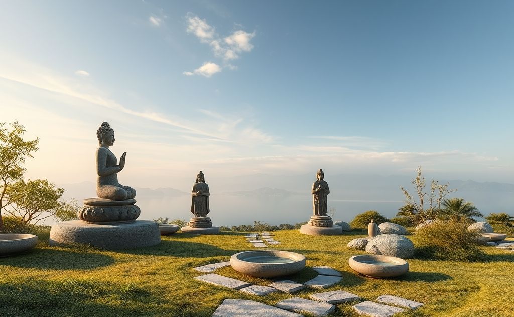 A serene landscape blending ancient symbols with modern wellness elements.