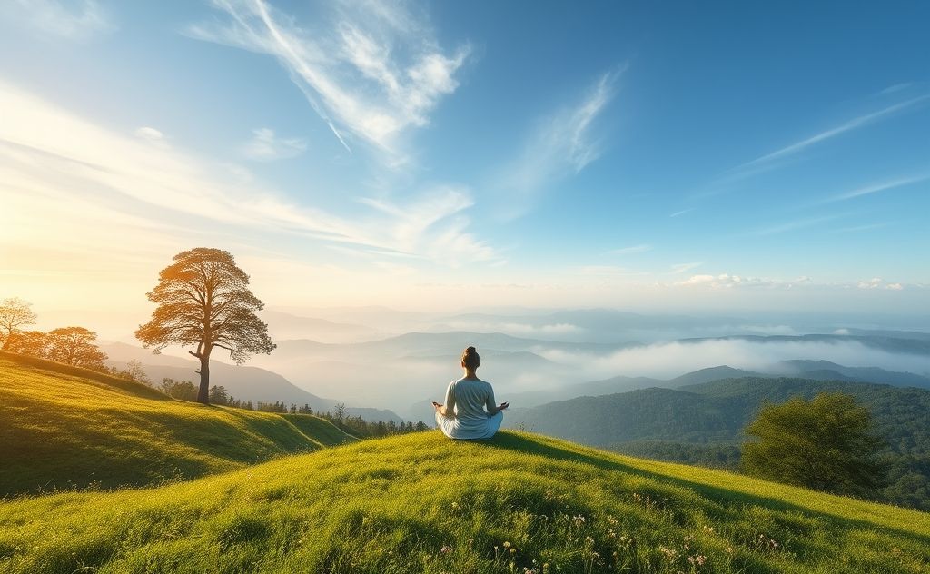 A serene landscape blending nature and a meditative figure in harmony.