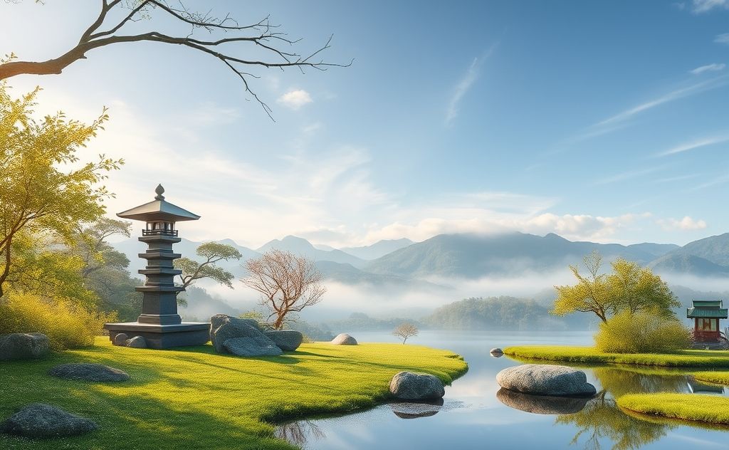 A serene landscape blending tranquil nature and Zen elements.