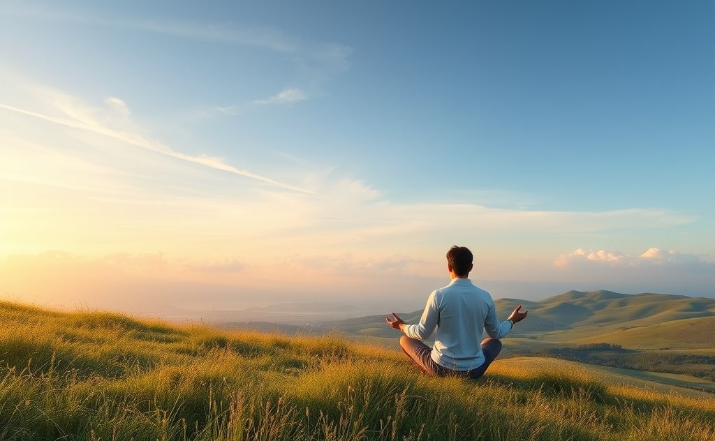 A serene landscape depicting a person meditating with gentle breezes.