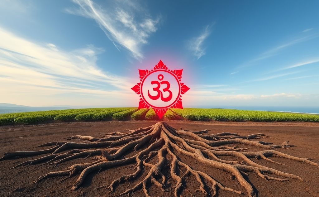 A serene landscape depicting a vibrant red root chakra symbol among roots.
