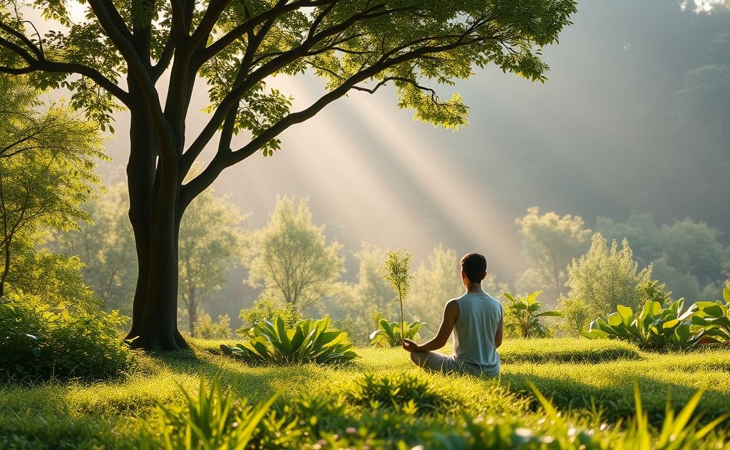 A serene landscape depicting nature's harmony with a meditative figure.