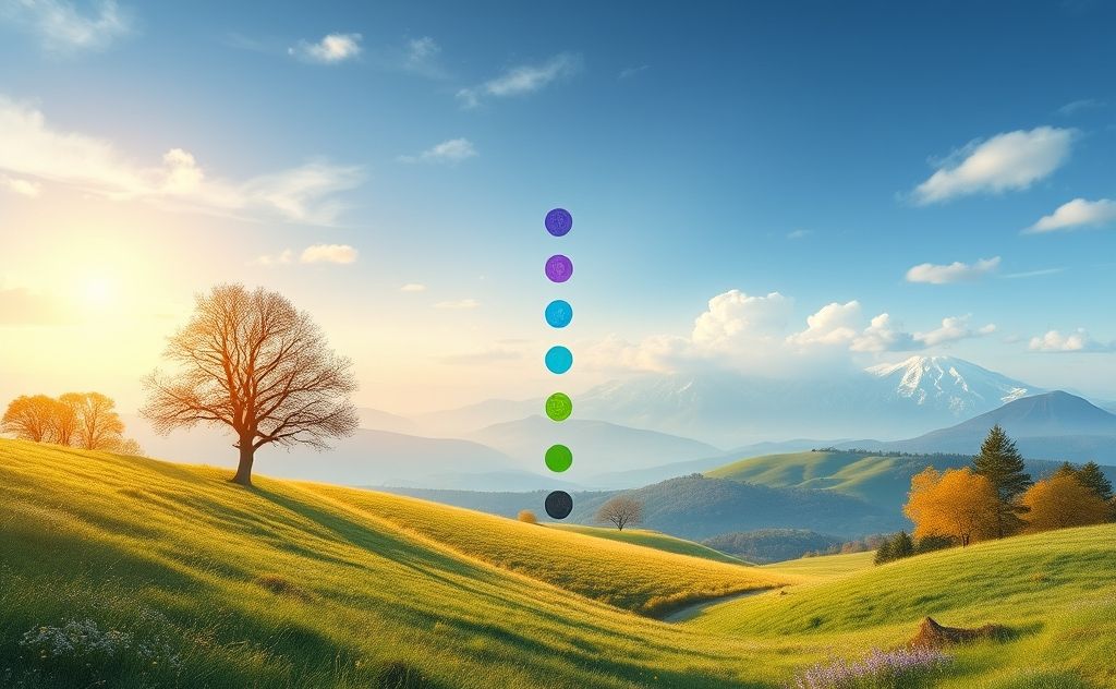 A serene landscape depicting seasonal changes with chakra symbols.
