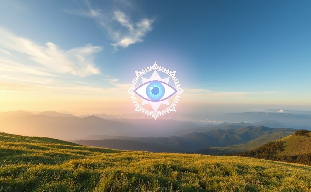 A serene landscape featuring a glowing third eye chakra symbol.