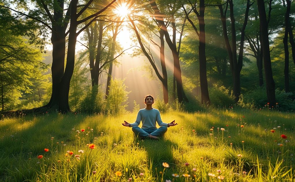 A serene landscape featuring a person meditating in nature.