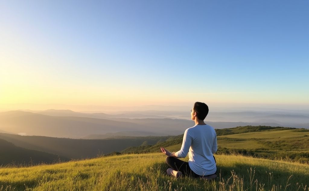 A serene landscape featuring a person practicing mindful breathing.