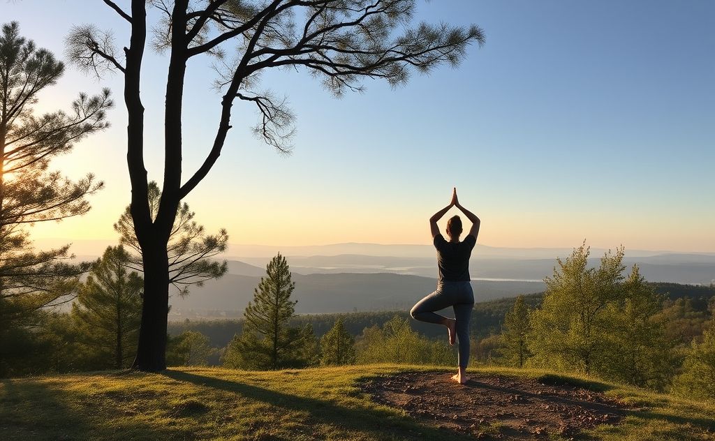 A serene landscape featuring a person practicing yoga among trees.